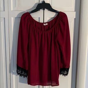 Fascination Maroon & Black Bell Sleeve Boutique Blouse EUC